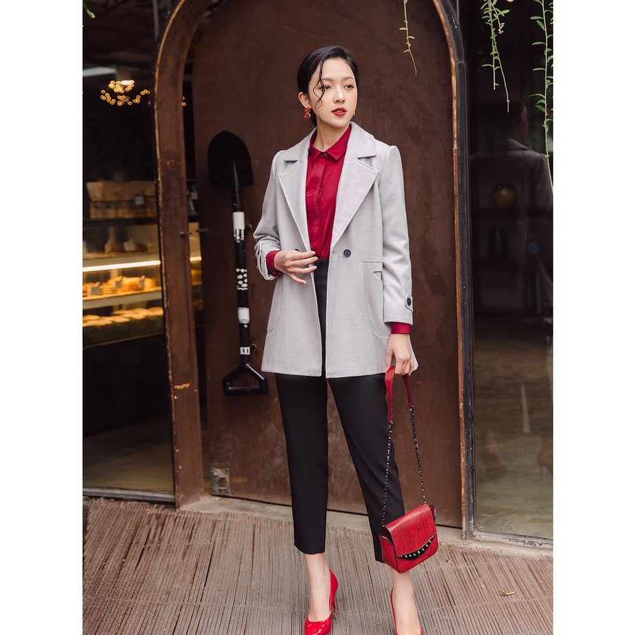 Áo khoác dạ cúc bấm 20AGAIN, dáng dài, cổ vest, dạ lì KDA1502