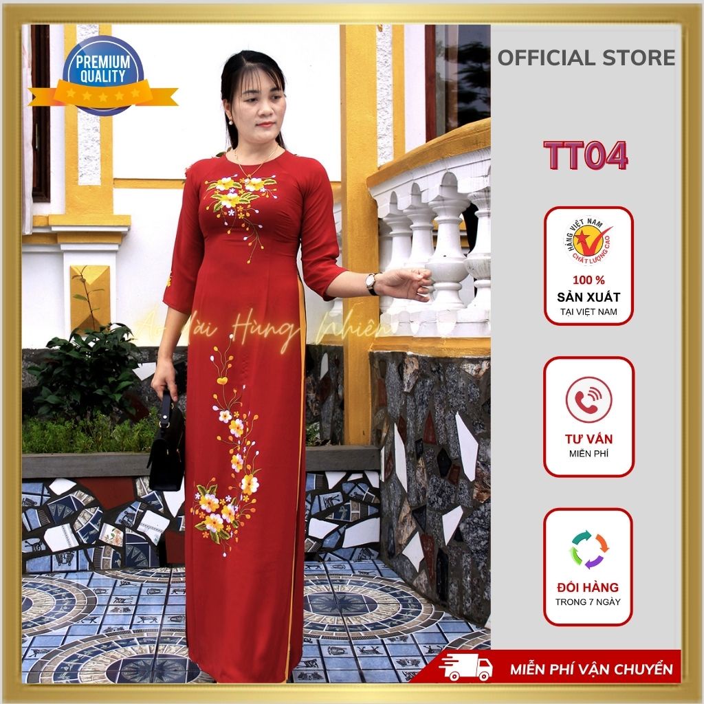Áo dài Tằm thêu nữ may sẵn thiết kế đẹp, sang trọng, màu đỏ