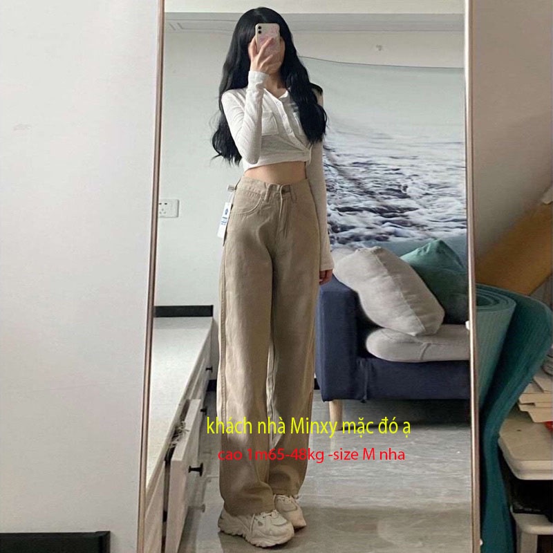 Quần ống rộng dáng suông nữ cạp cao, quần jean kaki ống đứng trơn màu nâu tây sang chảnh size SML