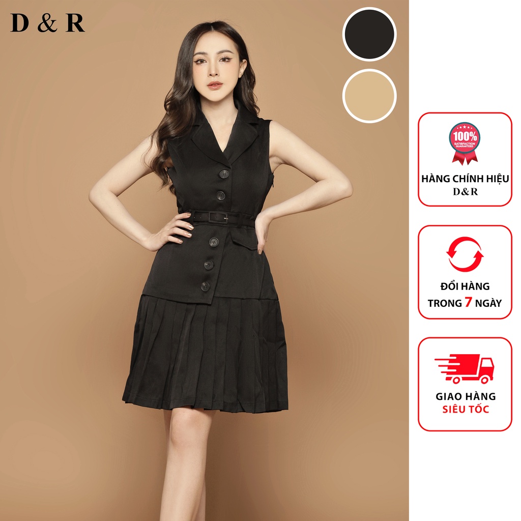 Đầm thiết kế công sở nữ váy xếp ly Quảng Châu cao cấp thương hiệu thời trang D&R, kèm belt D013