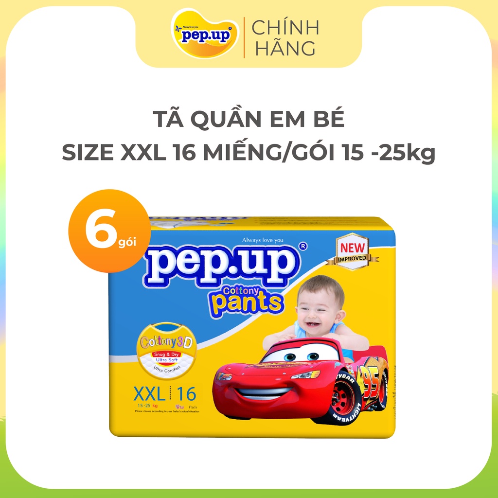 [ BÁN CHẠY] 6 gói Tã Quần Em Bé Pep.up Cottony size XXL  (16 Miếng/Gói) cho bé từ 15 đến 25kg