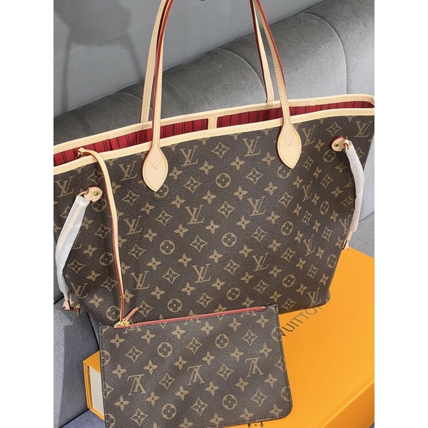 Set túi tote kèm ví LV Neverfull MM Da Bò Vừa A4 Full Box đi học công sở