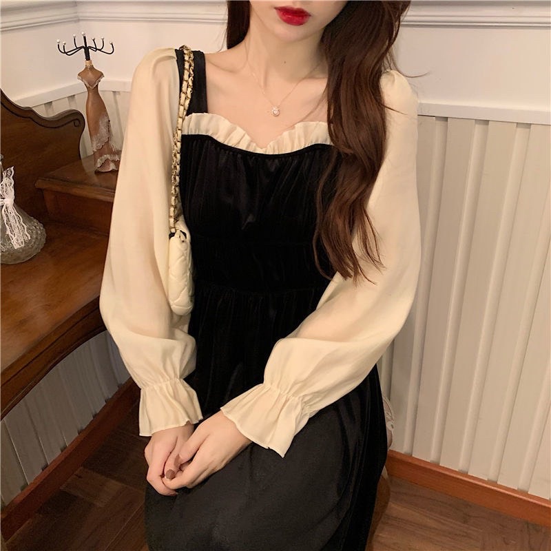 Ảnh thật váy nhung bánh bèo tay bồng cổ vuông dáng dài