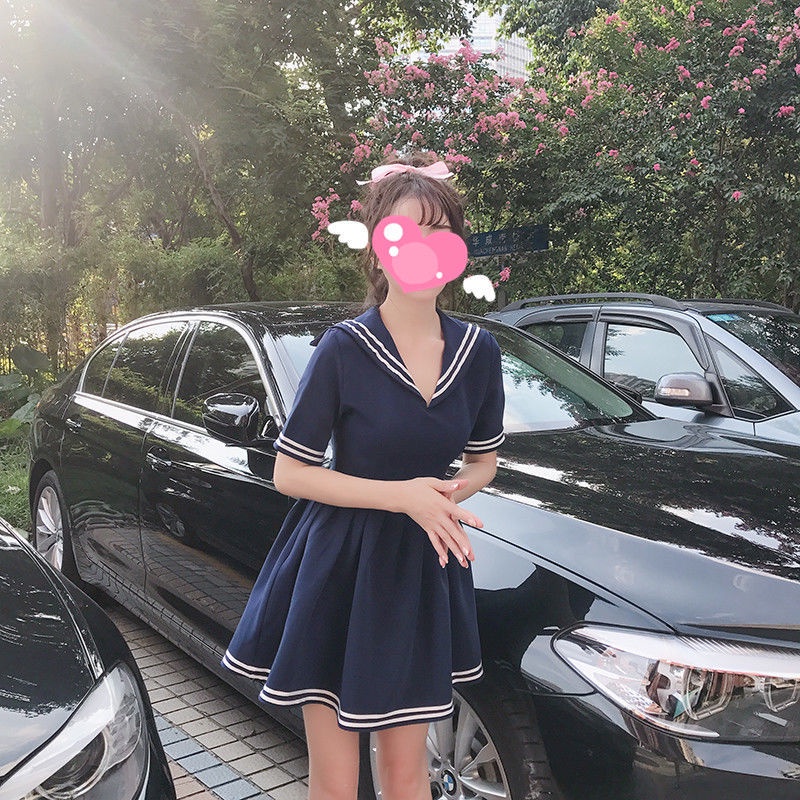 Đầm Thủy Thủ Ngắn Tay Xếp Ly Lưng Cao Thời Trang Mùa Hè Ngọt Ngào Cho Nữ
