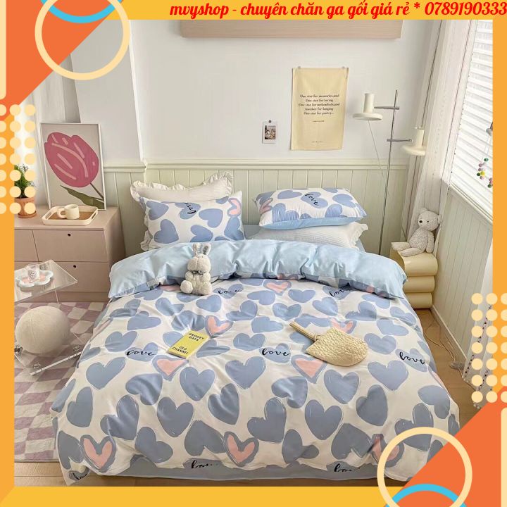 Ga gối cotton living, sét 4 món chăn ga gối mềm mịn hàng nhập loại 1