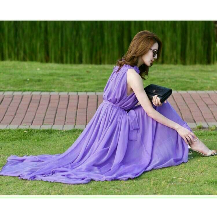 Đầm maxi dài cổ xếp ly sang trọng