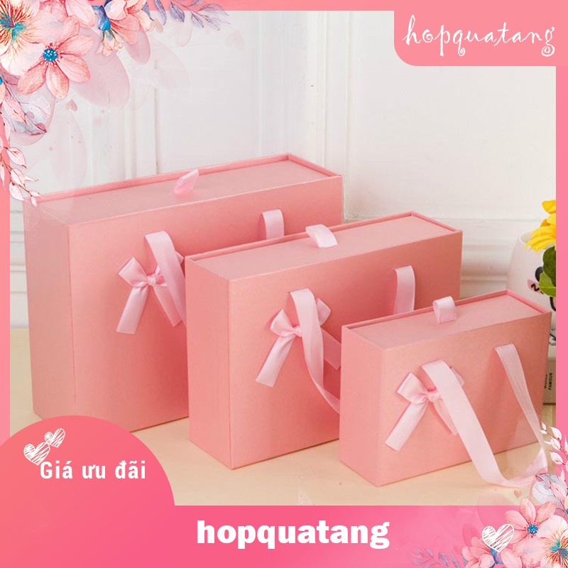 Hộp Quà Tặng Kèm Túi Màu Hồng Gắn Nơ Dạng Kéo Cao Cấp