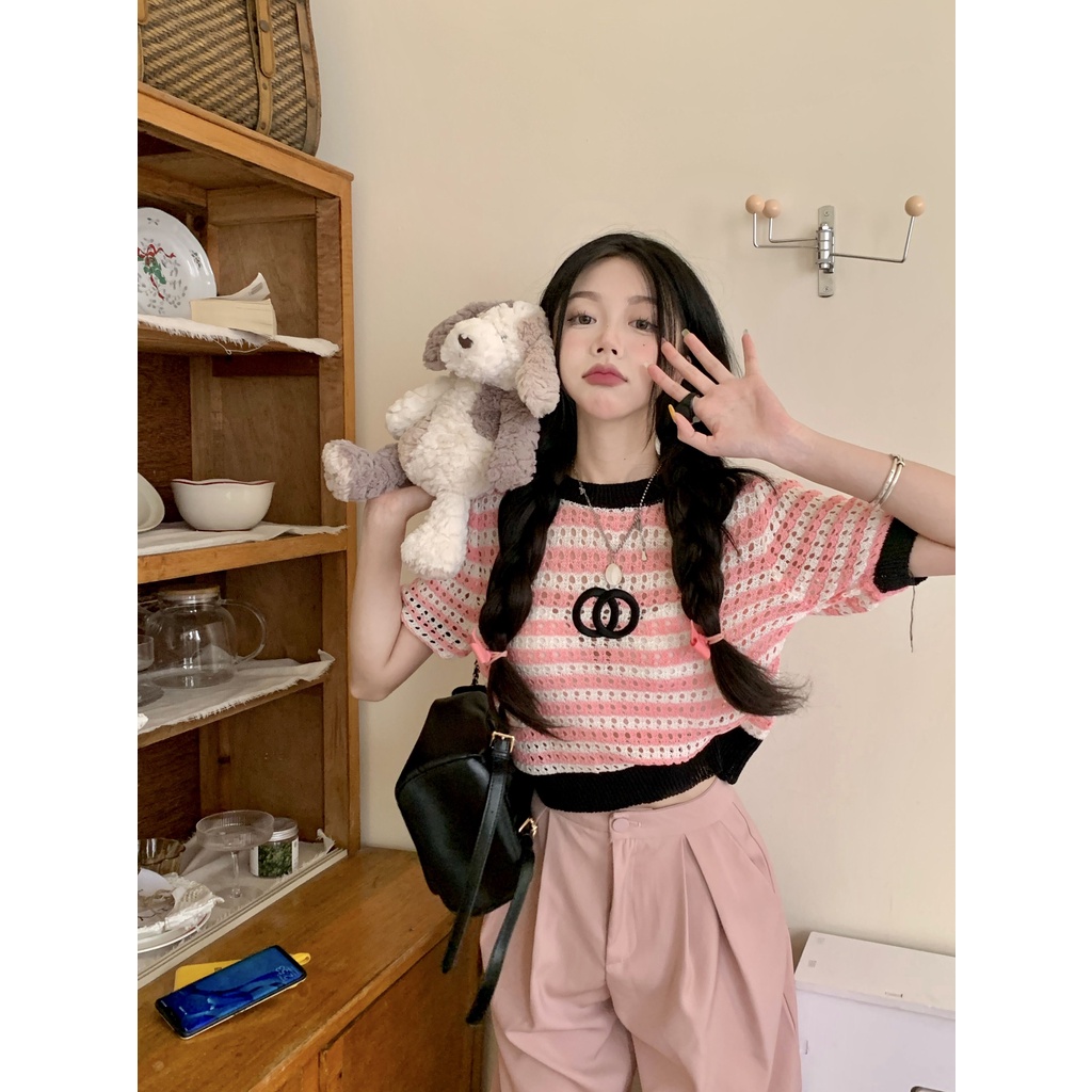 Cocory vn Áo Thun Tay Ngắn Dáng Ôm Họa Tiết Kẻ Sọc Quyến Rũ Thời Trang Mùa Hè Mới Cho Nữ