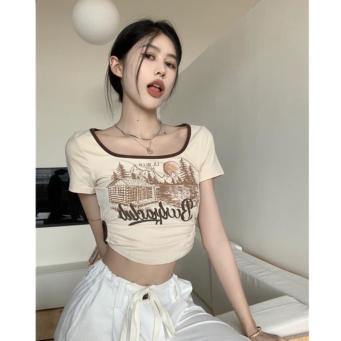 Áo Thun Ngắn Cổ Vuông In Chữ Phong Cách Retro Mỹ