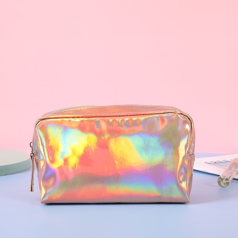 Túi Da PU Đựng Mỹ Phẩm Cầm Tay Hình Vuông Màu Laser Thời Trang