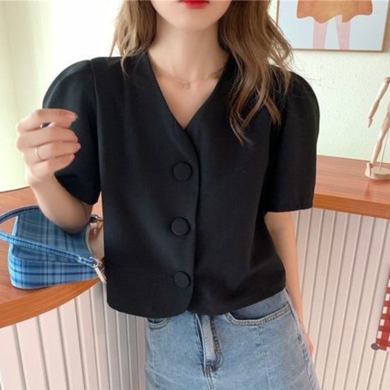 Áo Sơ Mi Chiffon Tay Ngắn Phồng Cổ Chữ V Phong Cách Hàn Quốc Mẫu Mới Mùa Hè 2022 Dành Cho Nữ