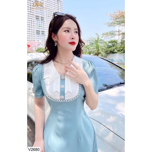 V2680 - váy dáng chữ A màu xanh