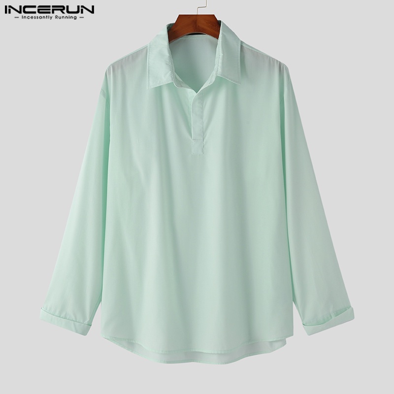 Áo thun polo Incerun dài tay cổ chữ v màu trơn cho nam