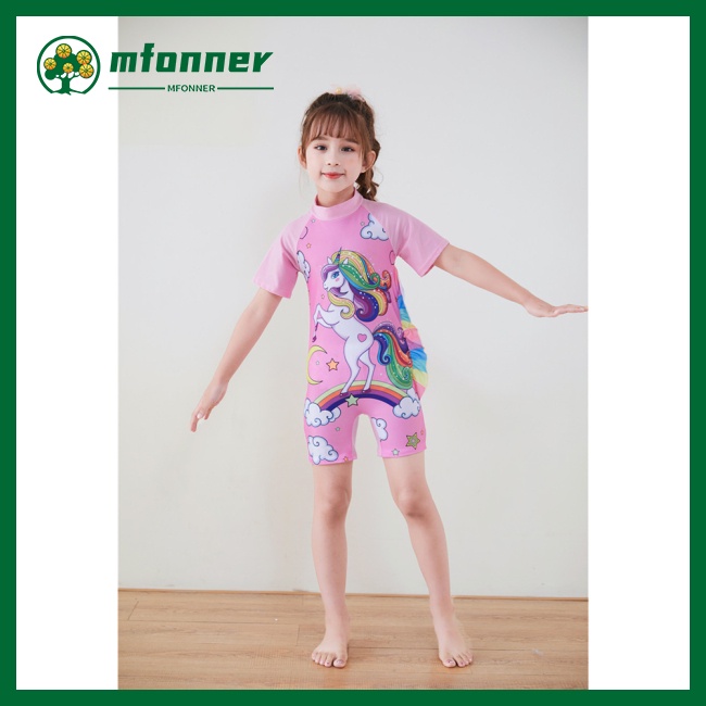 Bộ Đồ Bơi 2 Món Ngắn Tay Họa Tiết Kỳ Lân Hoạt Hình Cho Bé Gái
