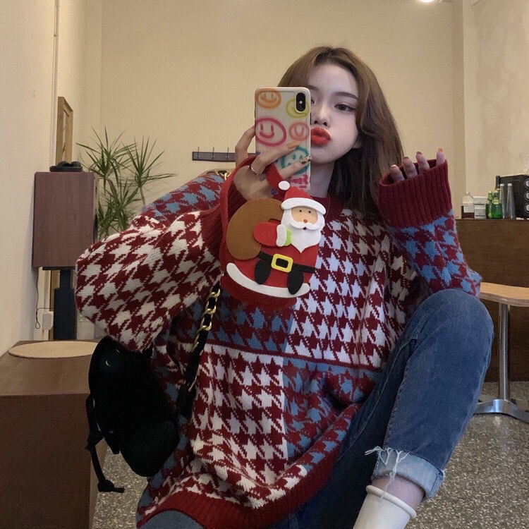 Áo sweater dệt kim dáng rộng họa tiết sọc caro thời trang Hàn Quốc