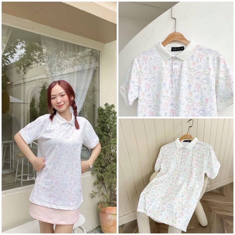 BIBOO - Áo polo họa tiết có cổ tay ngắn form unisex nam nữ KHỦNG LONG - DINOSAUR chất liệu dày dặn, không nhăn