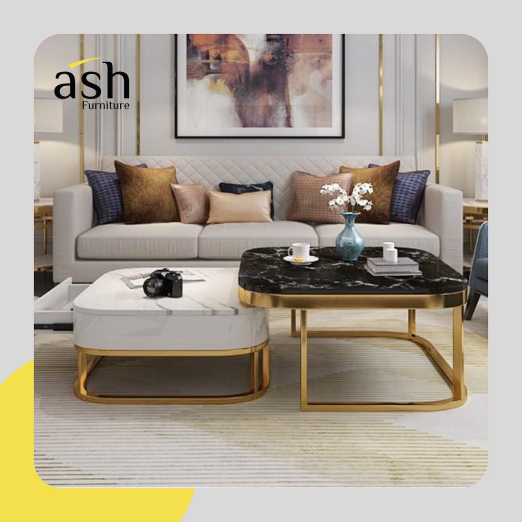 Bàn trà sofa đôi đa năng có hộc tủ Sophie mặt đá chân sắt cao cấp cho phòng khách