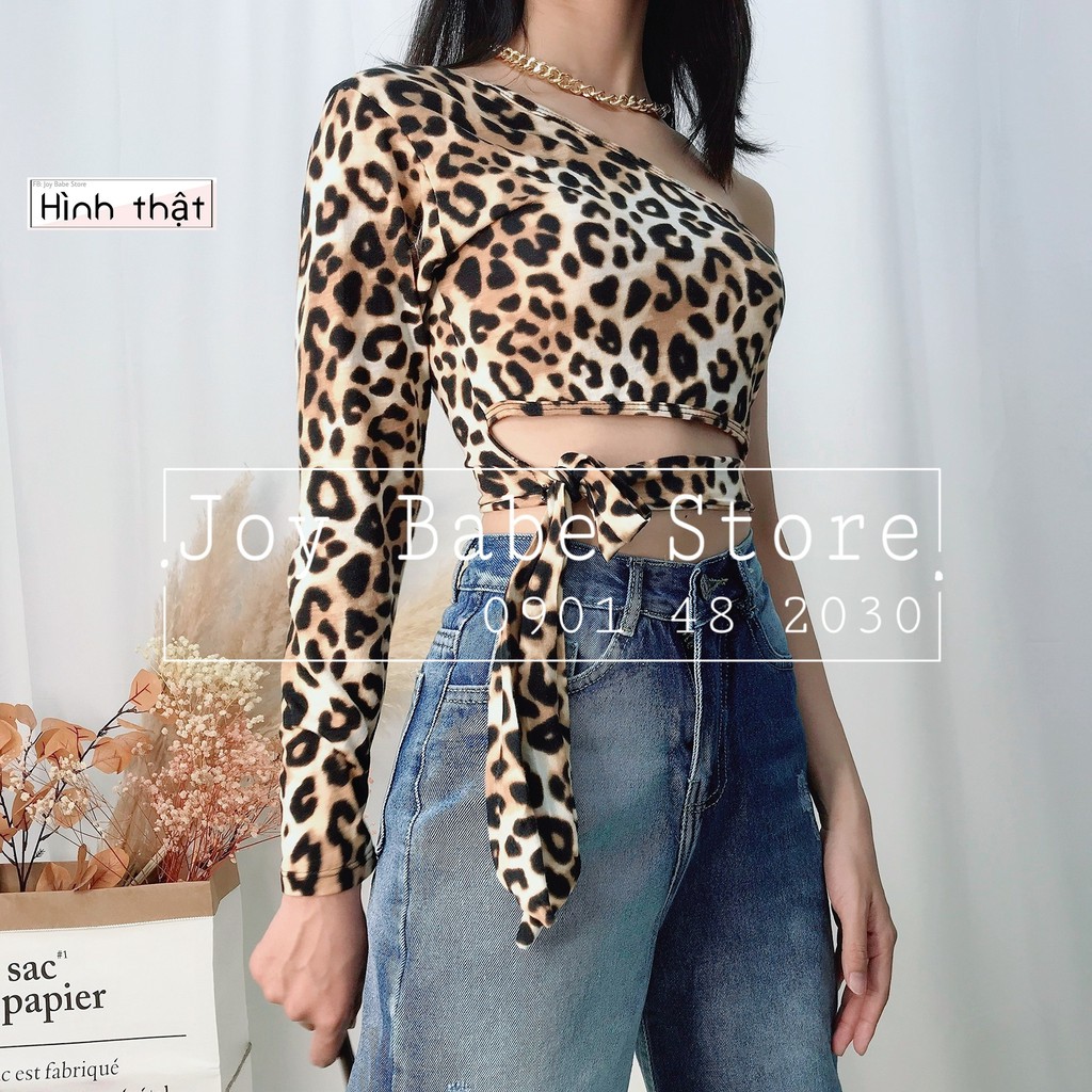 Áo croptop tay dài lệch vai ACOD 14, da beo sexy cá tính, cột dây hông eo tôn dáng, áo kiểu nữ độc lạ dài tay ôm body