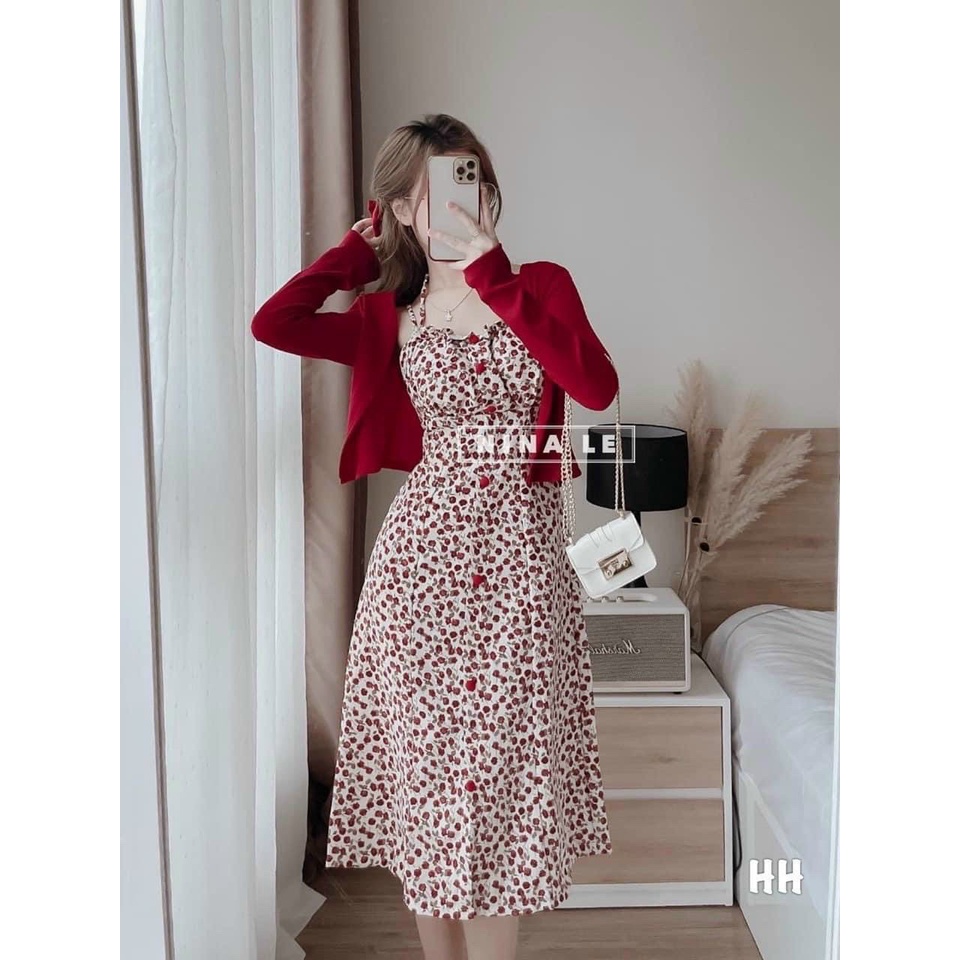 (Freeship)Sét tiểu thư váy lụa 2 dây dáng xòe kèm khoát gân cao cấp,thiết kế nhẹ nhàng dễ thương