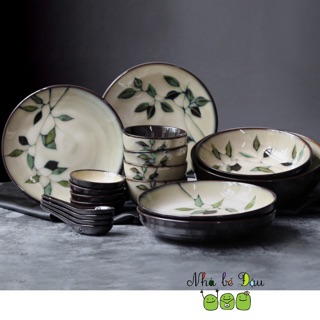 (ORDER) BỘ 20 MÓN BÁT ĐĨA GỐM SỨ NHẬT BẢN-Hoa lá xanh