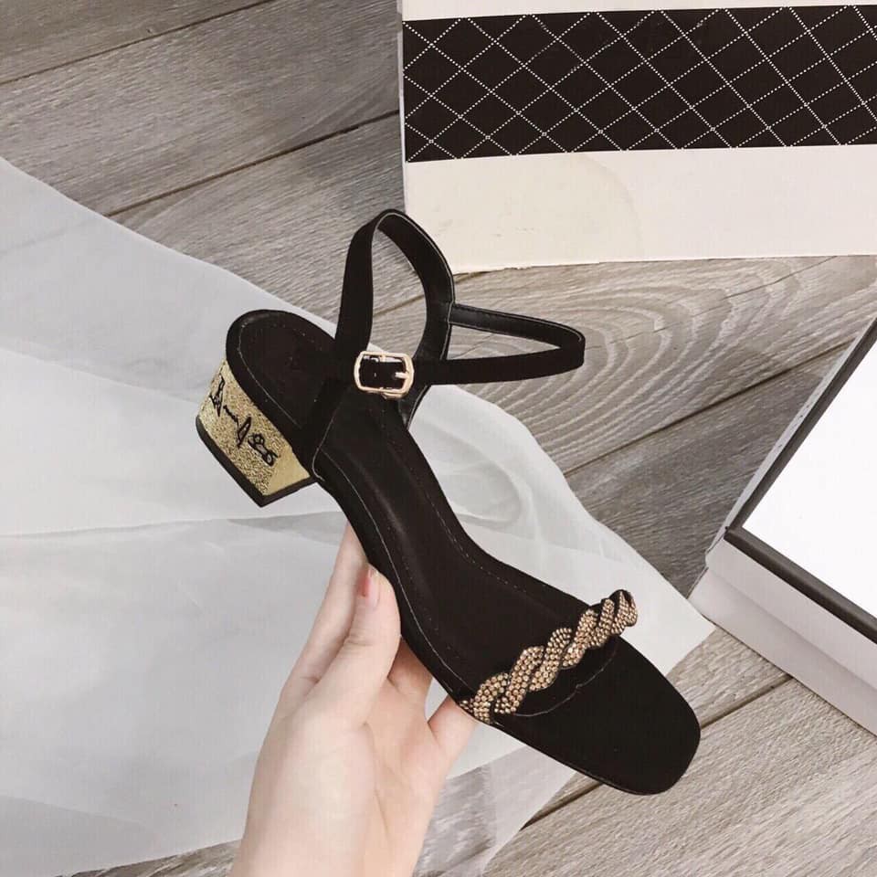 Giày sandal nữ ACILICI đế vuông chất nhung nỉ đính đá siêu xinh hàng chuẩn size 35-40, gót cao 5p_TC56