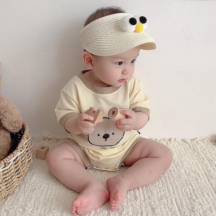 Bộ Áo Liền Quần Tay Ngắn Chất Cotton Mỏng Nhẹ In Họa Tiết Hoạt Hình Chú Gấu Phong Cách Hàn Quốc Thời Trang Cho Bé Trai Và Gái