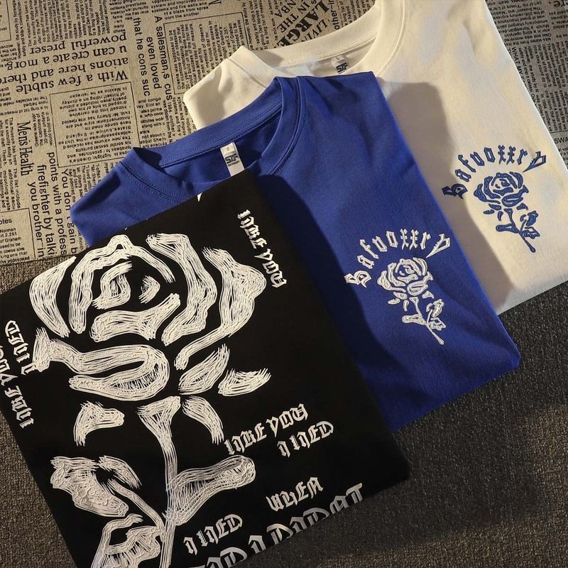 Áo Thun Cotton Ngắn Tay Dáng Rộng In Hình Hoa Hồng Phong Cách Âu Mỹ Cho Nam Nữ