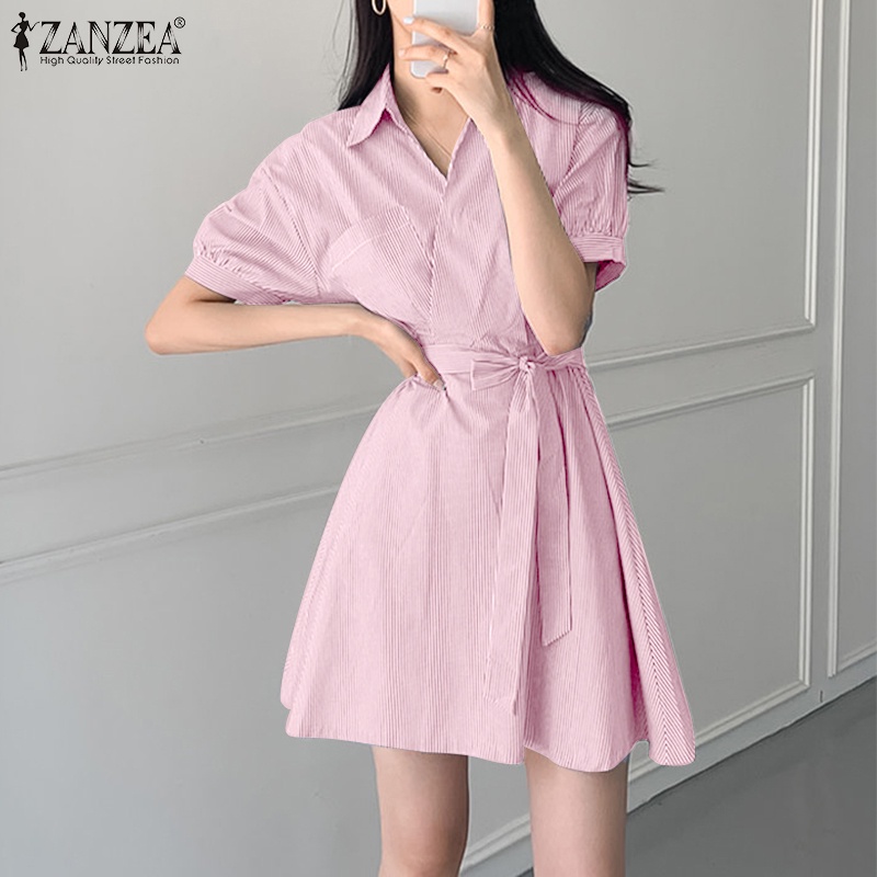 Zanzea Đầm Sơ Mi Tay Ngắn Họa Tiết Sọc Thời Trang Phong Cách Hàn Quốc Cho Nữ