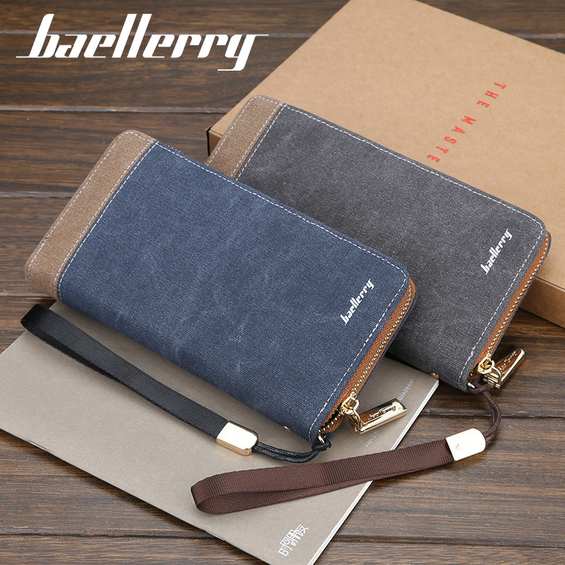 「COD」Baellerry Retro Canvas Clutch Korean Men's Wallet Long Zipper Clutch Mobile Phone Bag