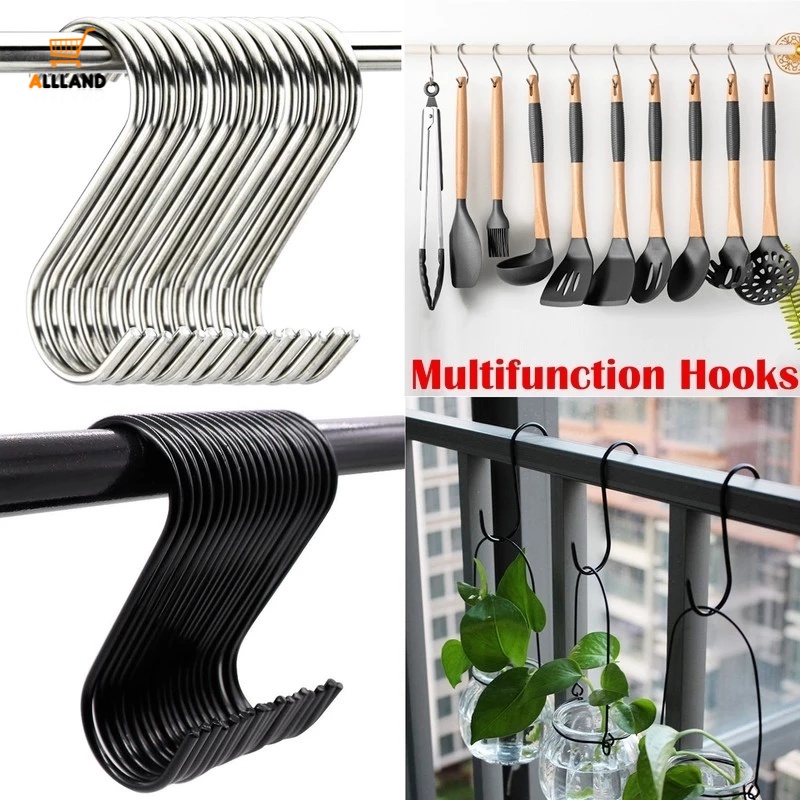 Set 10 Móc Treo Hình Chữ S Màu Đen/Bạc Bằng Thép Không Gỉ Chịu Được Sức Nặng Cho Nhà Ở/Văn Phòng