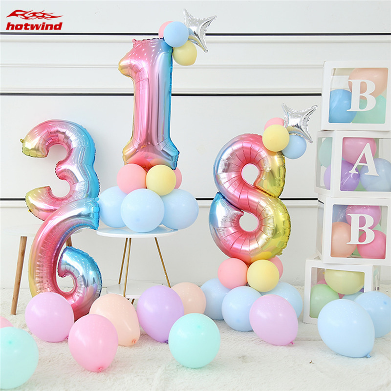 HW 32 Inch Foil Birthday Balloons Air Helium Number Balloon Happy Birthday Party Decoration Rainbow Figures Balloon