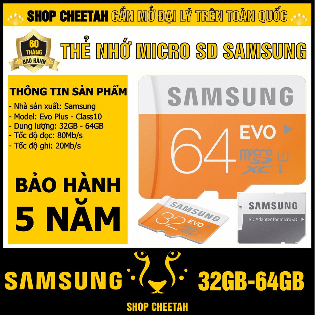 Thẻ nhớ MicroSD SamSung 64GB/32GB – Evo Plus Class 10 – CHÍNH HÃNG – Kèm Adapter – Bảo hành 5 năm