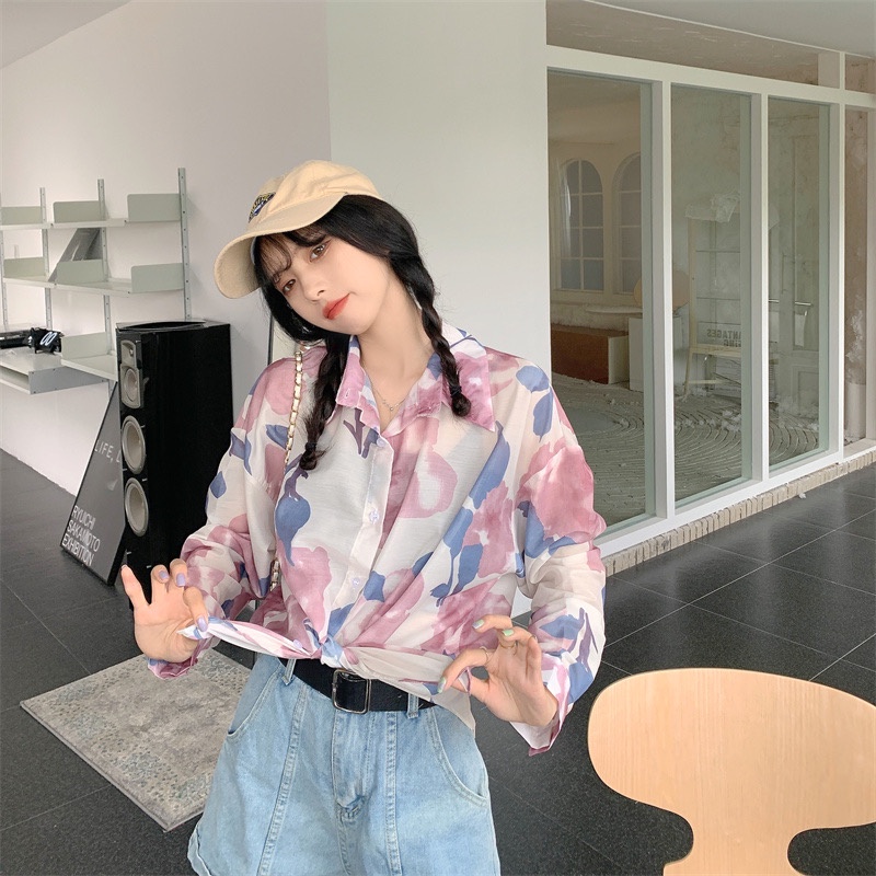 SUXI Áo Sơ Mi Tay Dài Chống Nắng Dáng Ôm In Họa Tiết Phong Cách Hàn Quốc Cổ Điển Thời Trang Mùa Hè Cho Nữ