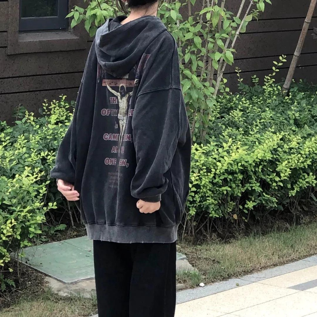 Áo hoodie dài tay dáng rộng in hình cá tính