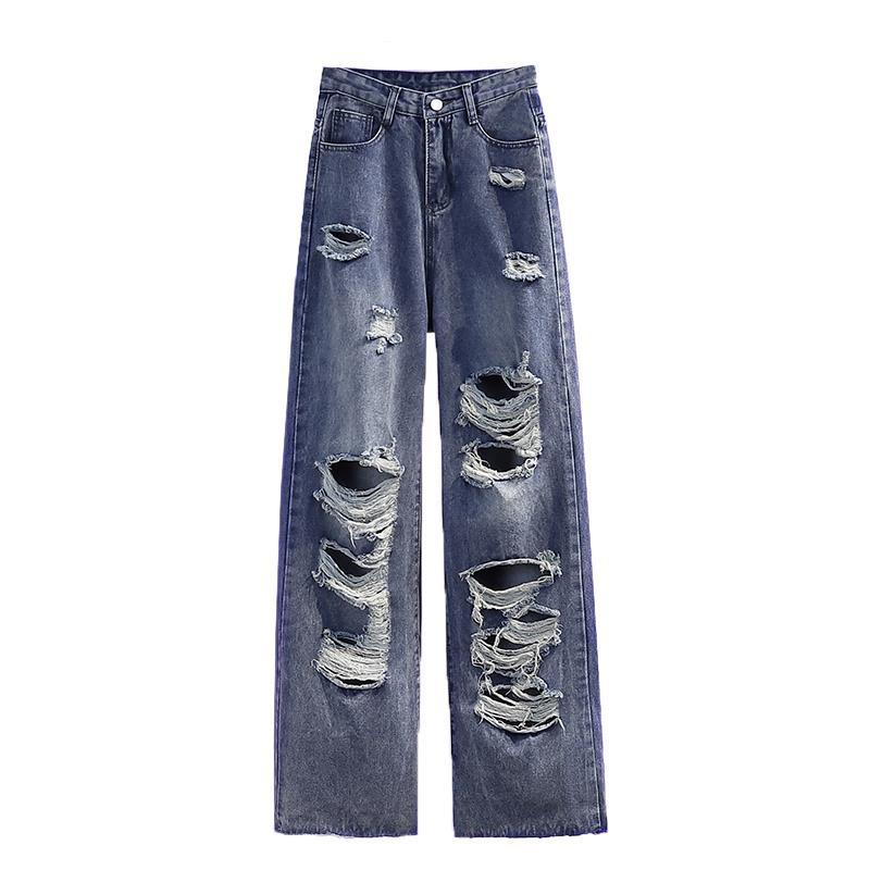 Jiashucheng Quần Jean Rách Dáng Suông Rộng Rách Gối Ôm Sát Sàn Nhà Cho Nữ