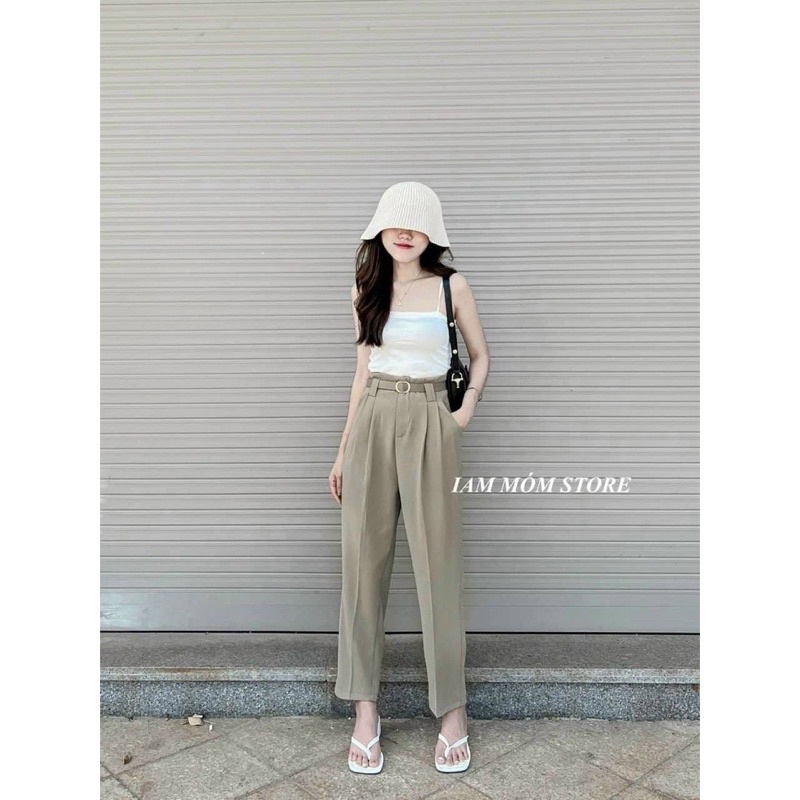 Quần dài nữ baggy vải ruby nữ chiết ly kèm dây lưng