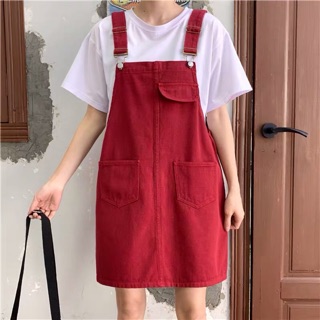 {order bigsize,s-5xl}Váy Yếm jean đỏ dáng xuông xinh xắn