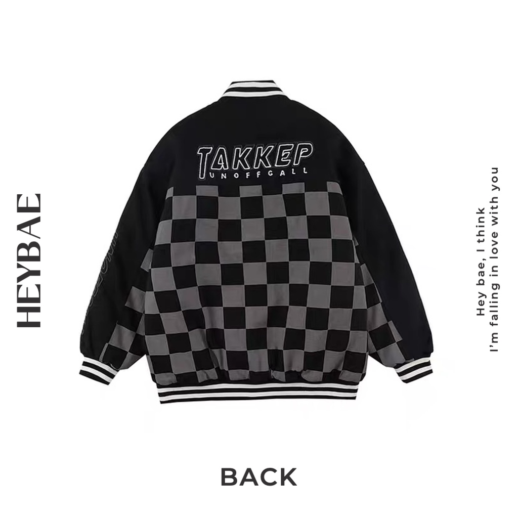 Áo khoác bomber dáng rộng unisex Checked HEYBAE oversize caro áo khoác có cúc chất nỉ dày khoác ngoài AK041
