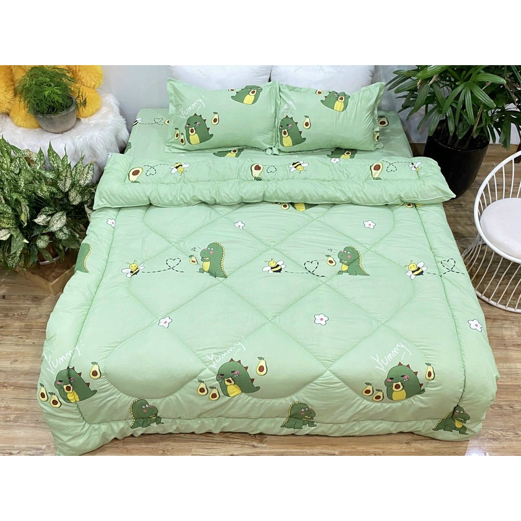 Trọn Bộ Chăn Phao 5 Món Ga Gối Mẫu Khủng long bơ Poly loại 1, Chăn Bông Như Hình Dày Đẹp Cao Cấp