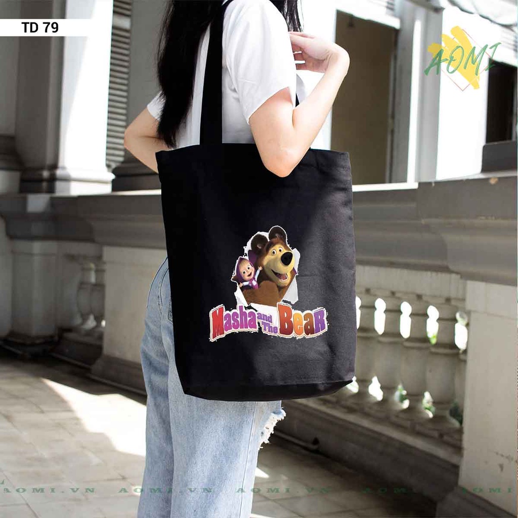 TOTE CANVAS masha and bear TÚI VẢI ĐEO VAI BAG CÓ KHÓA KÉO SIZE LỚN 33x38cm AOMIVN DU LỊCH DẠO PHỐ