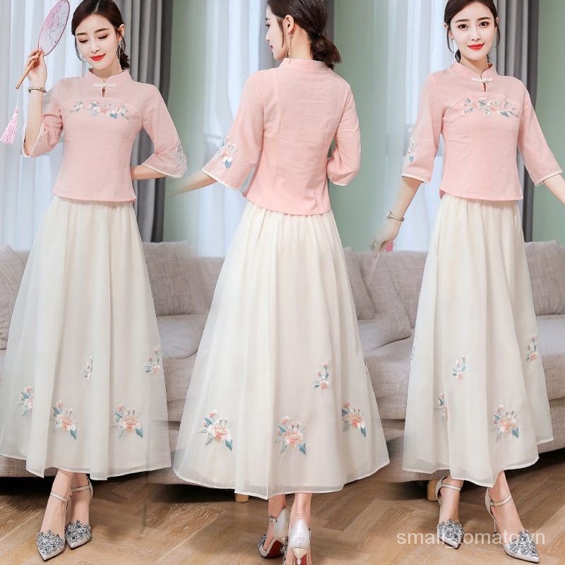 Single/Suit Summer New Women's Han Chinese Clothing Improved New Republic of China Style Vintage Plate Buttons Embroidered Cheongsam Suit