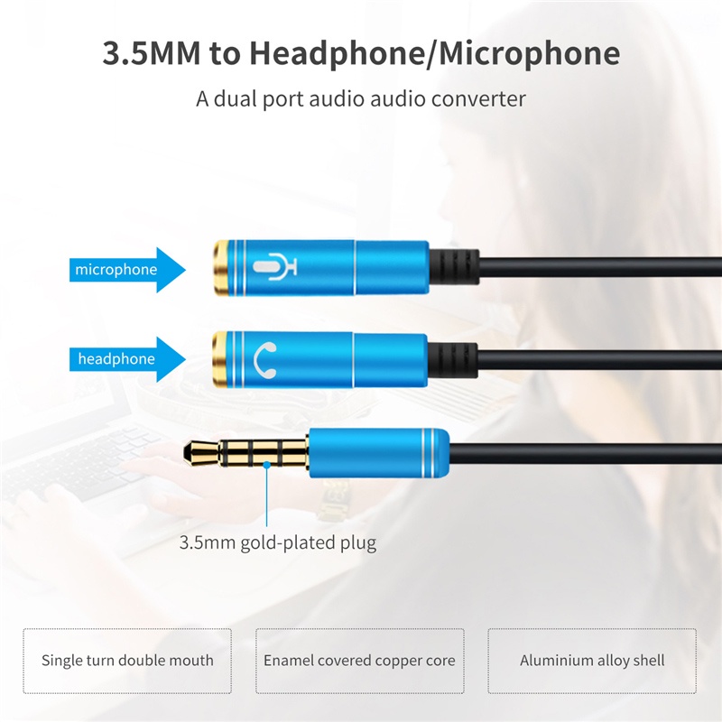 Dây cáp chuyển đổi âm thanh tai nghe máy tính 3.5mm kèm micro 2 ổ cắm sang giắc cắm