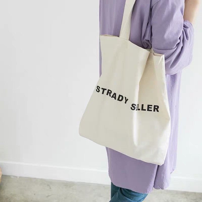 BST Túi Tote Vải Canvas in chữ đơn giản phong cách vintage Hàn Quốc