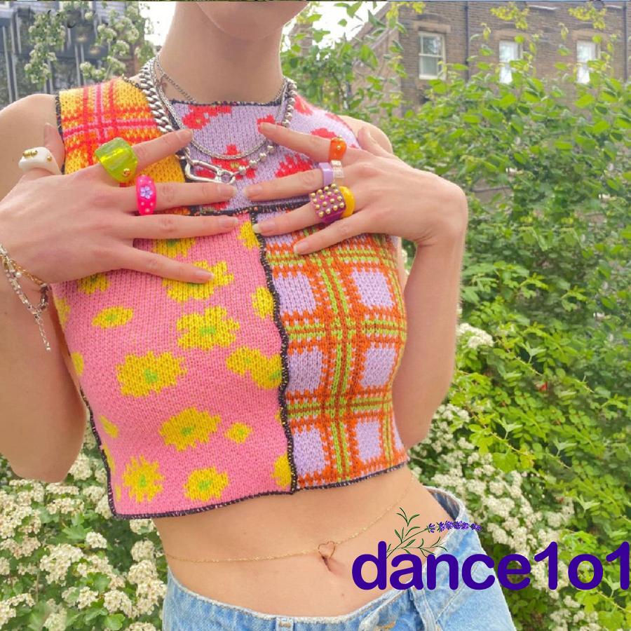 Áo dệt kim cổ tròn hở rốn màu sắc tương phản in họa tiết hoa thời trang cho nữ