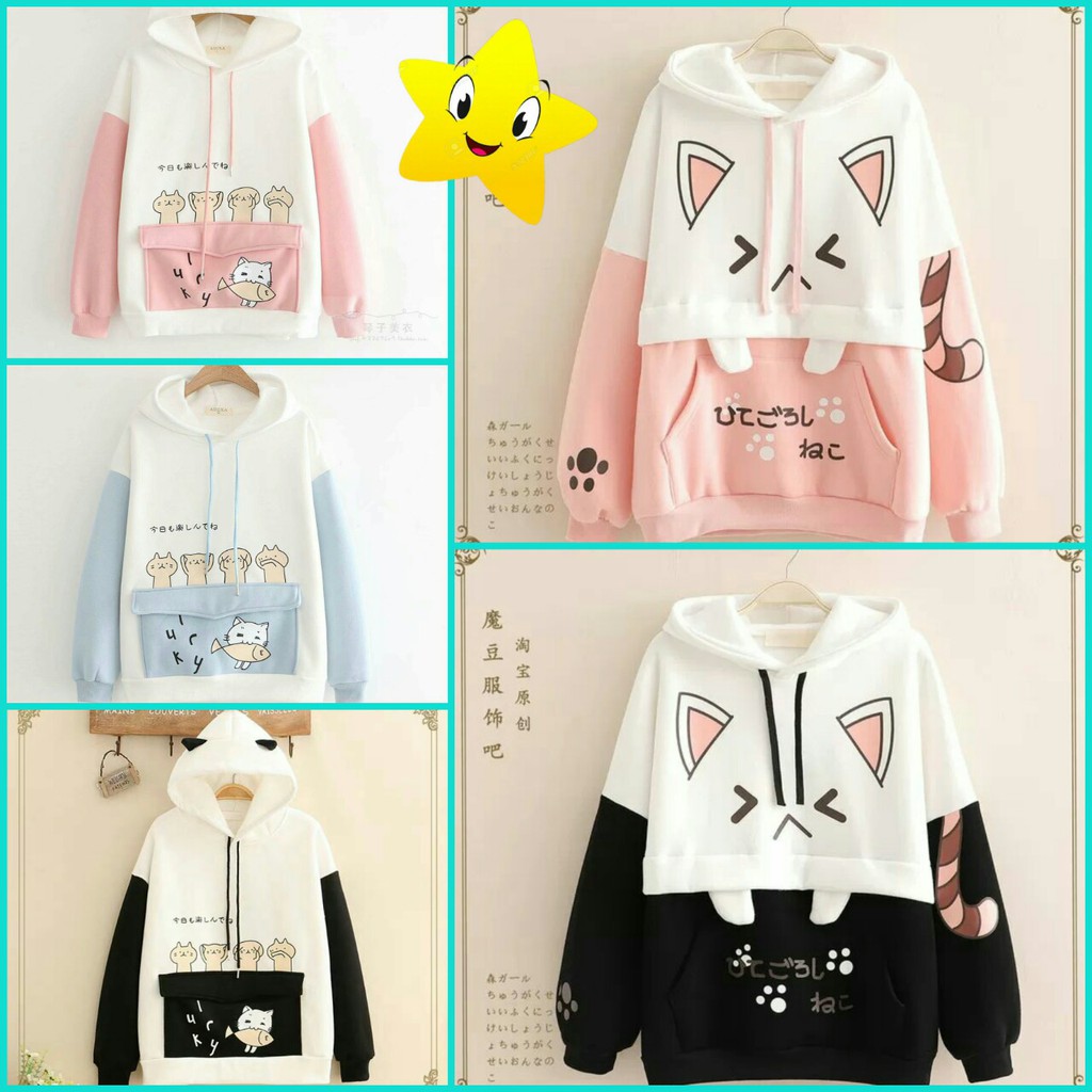 Áo Hoodie Nỉ Túi Lớn in Hoạt Hình Mèo Bắt Cá Hot Teen. XTTT