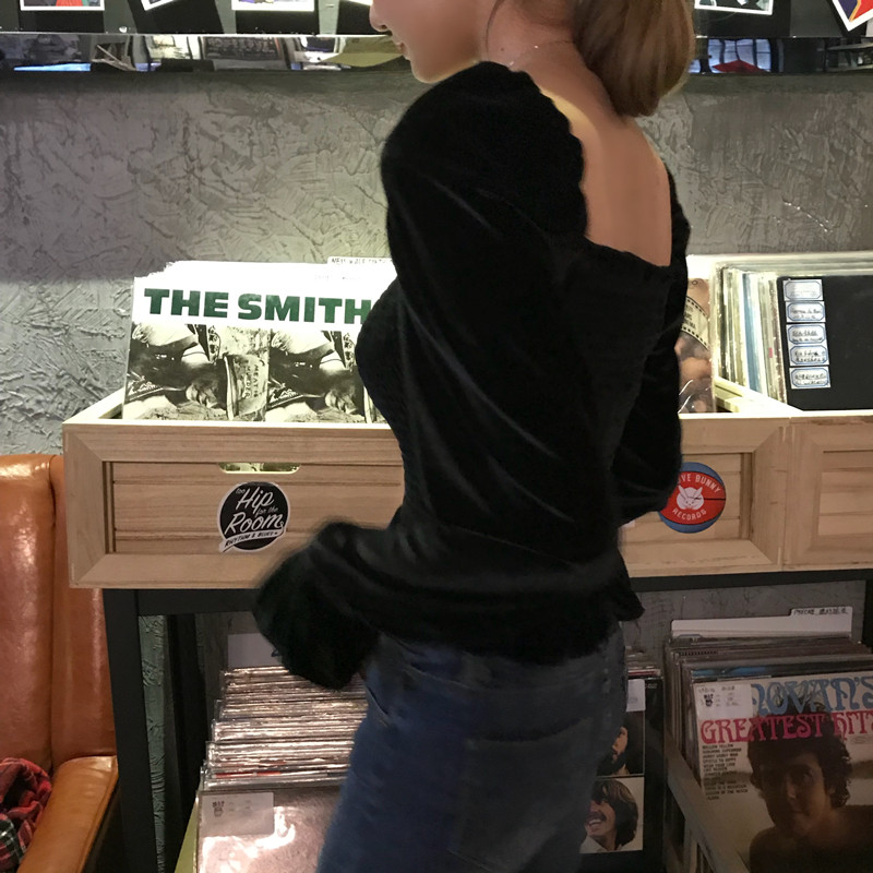 SUXI Áo trễ vai cỡ lớn nhung màu đen cổ vuông thời trang quyến rũ cho nữ