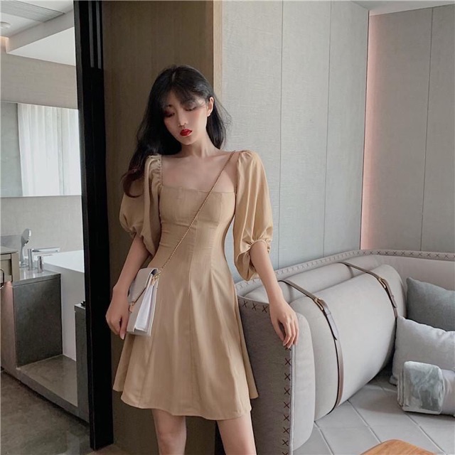 Đầm suông 🌷Đầm suông nude cổ vuông tay bồng | BigBuy360 - bigbuy360.vn