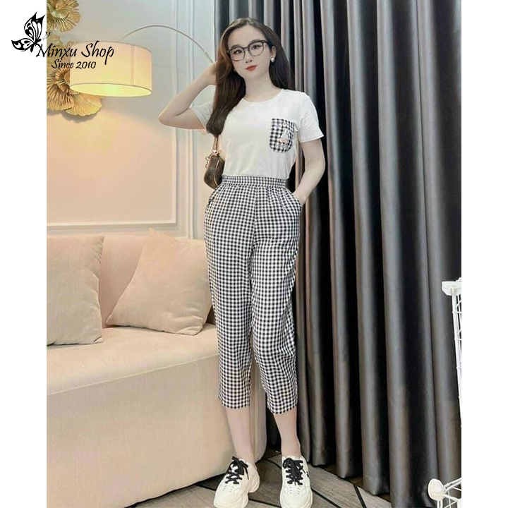 Bộ ngủ nữ áo ngắn tay quần dài kẻ caro hình thỏ Minxu shop SE06