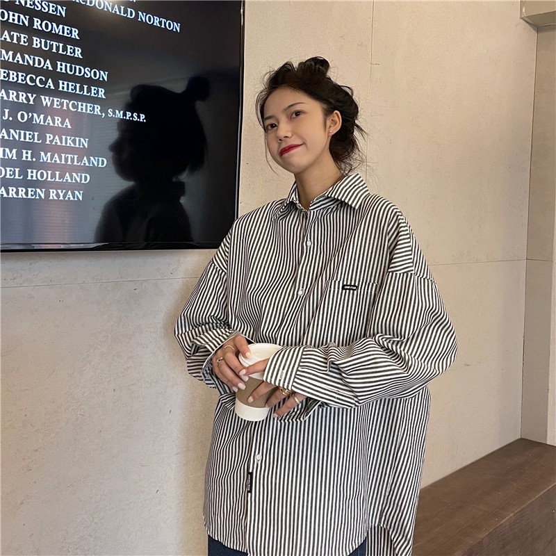 Áo sơ mi SUXI tay dài dáng rộng họa tiết kẻ sọc dễ phối đồ phong cách Hàn Quốc thời trang dành cho nữ