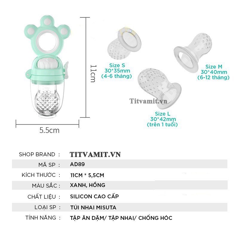 [3 Size núm] Túi nhai ăn dặm cho bé Misuta, ti nhai hoa quả không chứa BPA an toàn cho bé